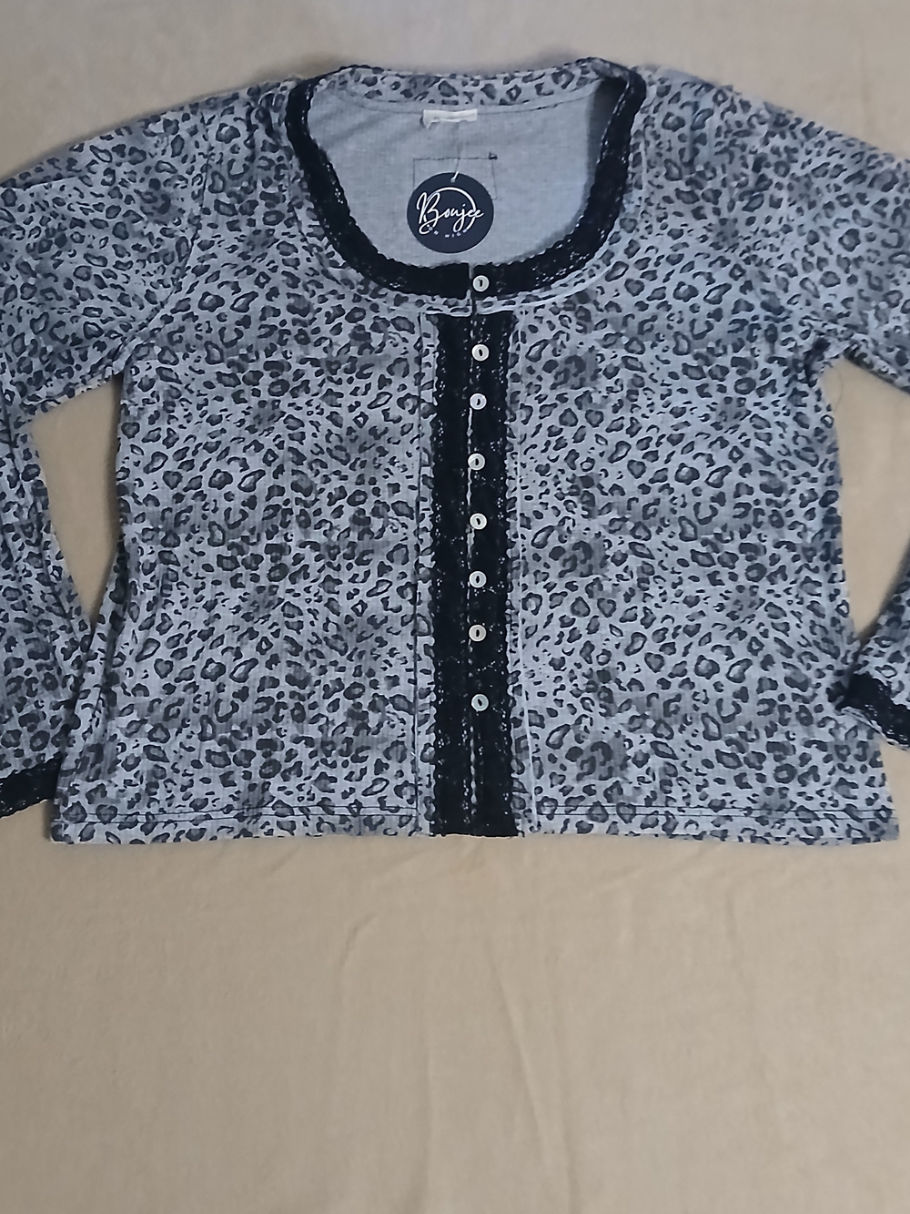 POL Gray Leopard Button-Down Top with Black Lace Trim